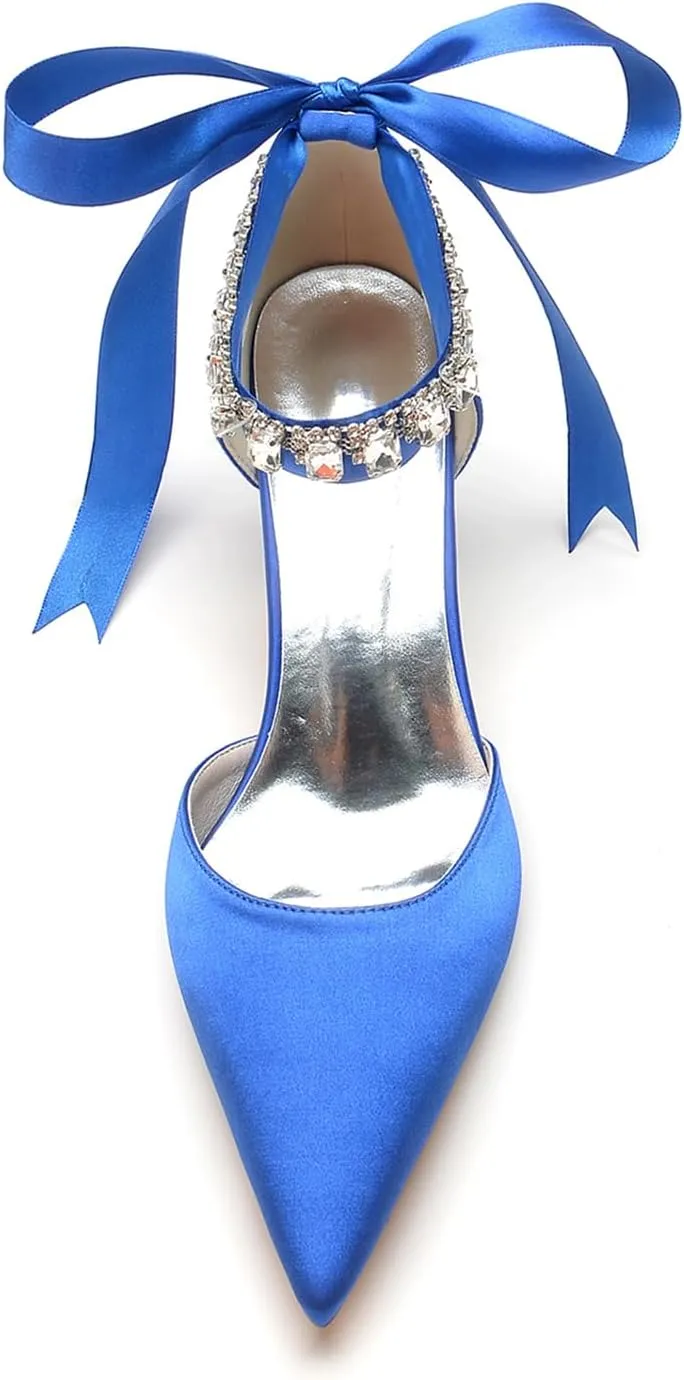 Women Crystals Satin Ribbon Tie Wedding Shoes Pointed Toe Prom Formal Party Dress Pumps Kitten Heel Bridal Shoes