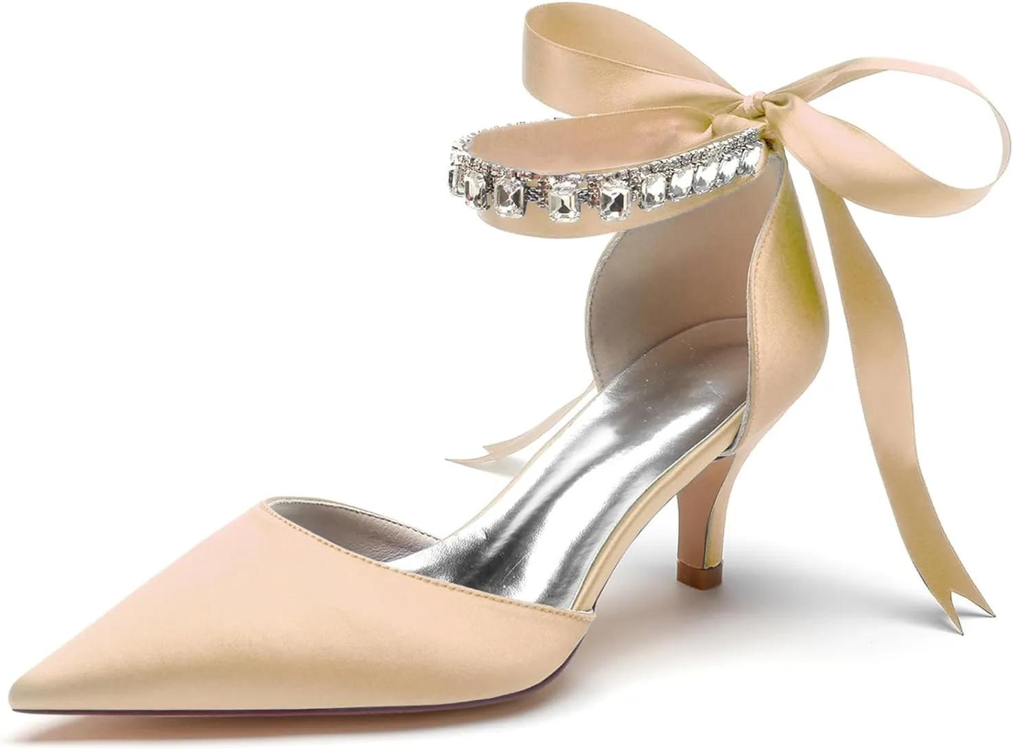 Women Crystals Satin Ribbon Tie Wedding Shoes Pointed Toe Prom Formal Party Dress Pumps Kitten Heel Bridal Shoes