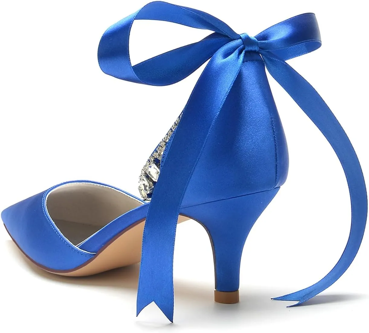 Women Crystals Satin Ribbon Tie Wedding Shoes Pointed Toe Prom Formal Party Dress Pumps Kitten Heel Bridal Shoes