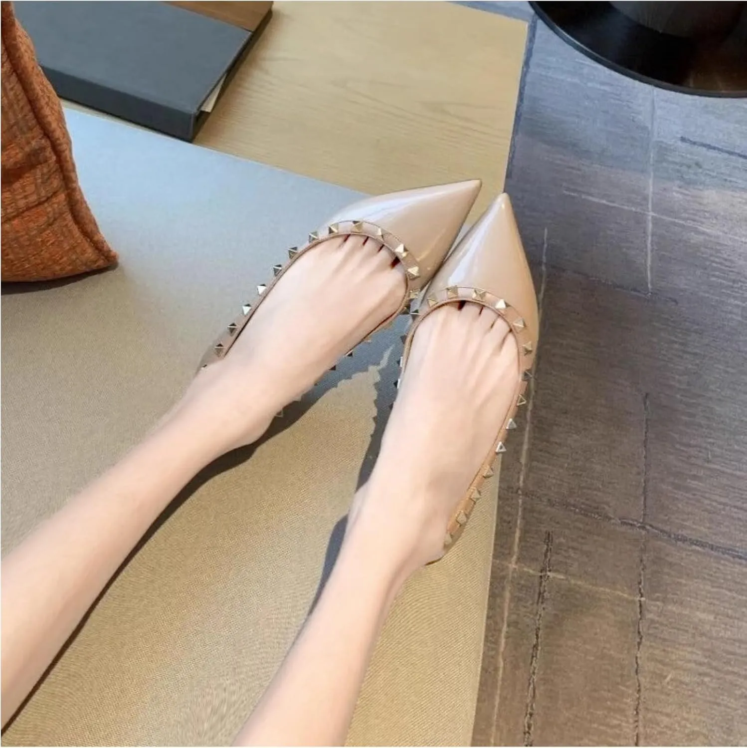 Women Fashion Patent Leathe Studded Rivet Slip on Flat Shoes Summer Closed Pointed Toe Shallow Mouth Comfortable Dress Walking Flat Shoes
