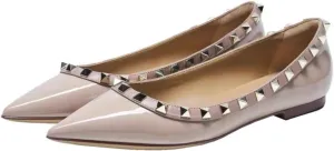 Women Fashion Patent Leathe Studded Rivet Slip on Flat Shoes Summer Closed Pointed Toe Shallow Mouth Comfortable Dress Walking Flat Shoes