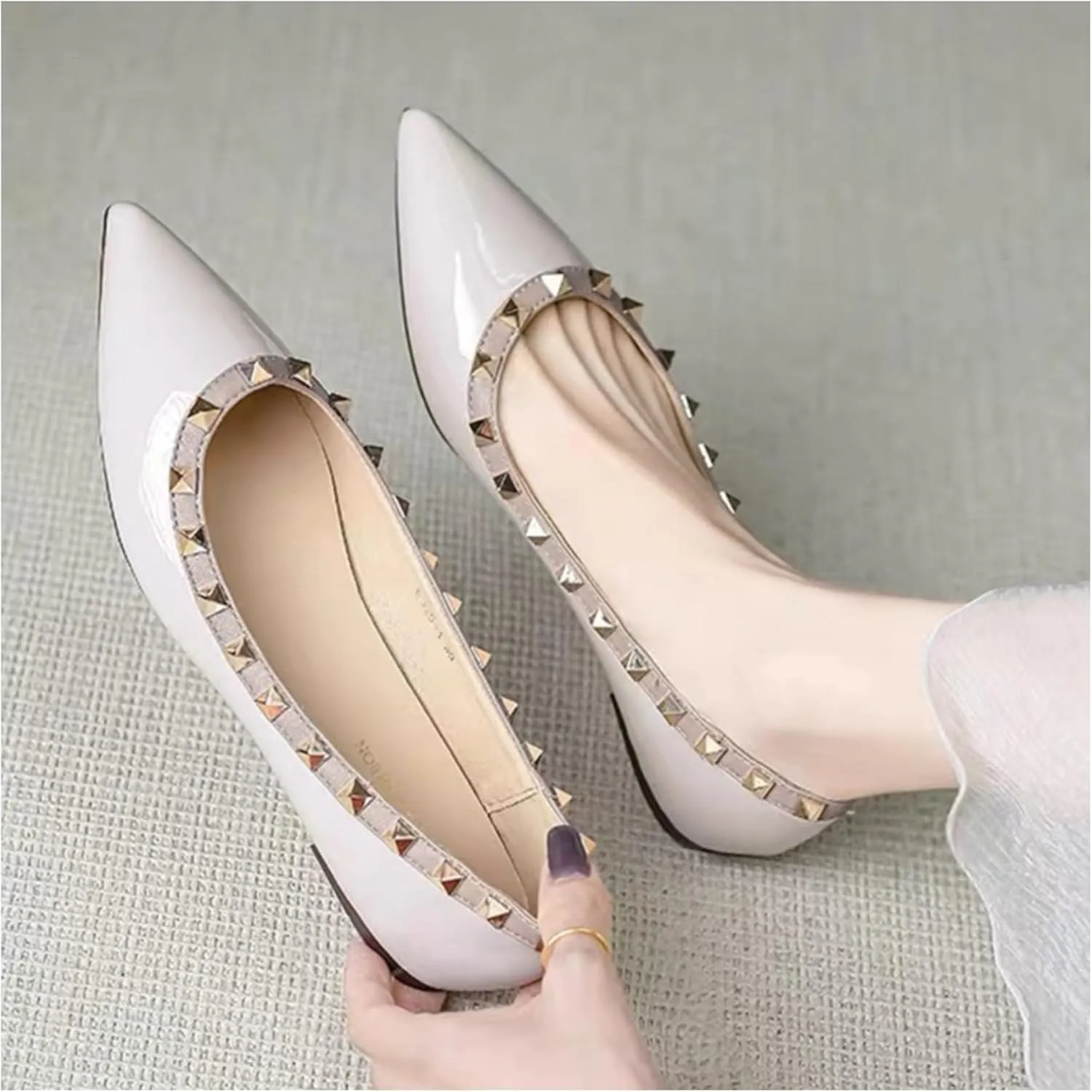 Women Fashion Patent Leathe Studded Rivet Slip on Flat Shoes Summer Closed Pointed Toe Shallow Mouth Comfortable Dress Walking Flat Shoes