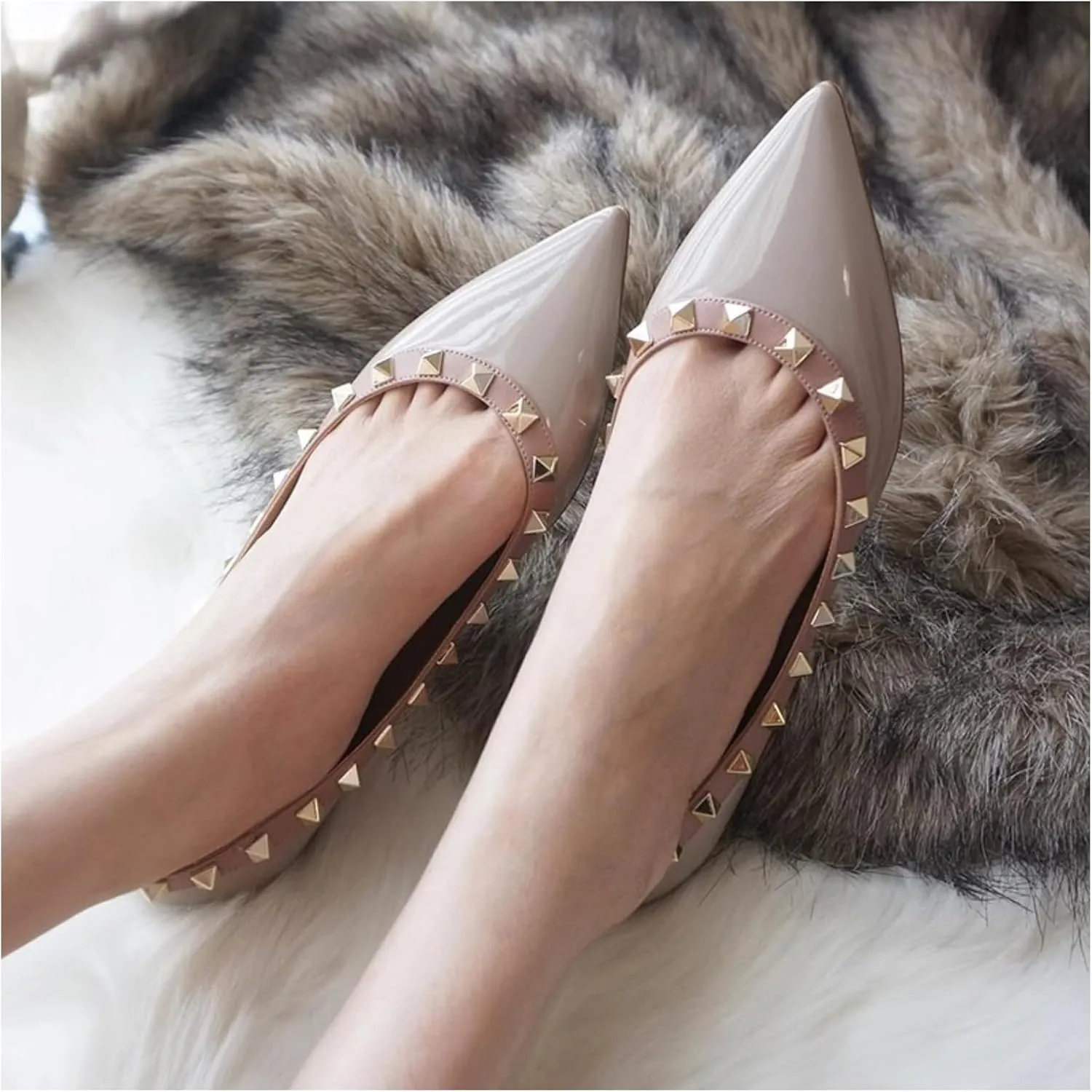 Women Fashion Patent Leathe Studded Rivet Slip on Flat Shoes Summer Closed Pointed Toe Shallow Mouth Comfortable Dress Walking Flat Shoes