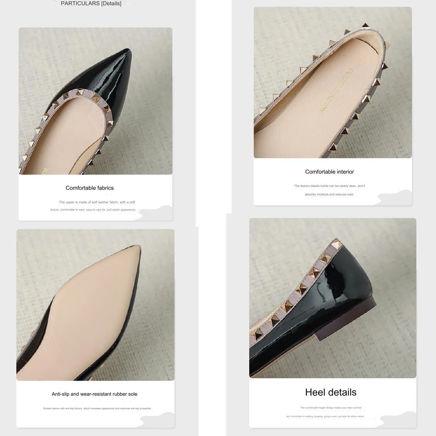 Women Fashion Patent Leathe Studded Rivet Slip on Flat Shoes Summer Closed Pointed Toe Shallow Mouth Comfortable Dress Walking Flat Shoes