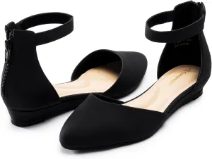 Women Flat Shoes with Ankle Strap, Low Wedge Heel Flats for Women, Comfortable Pointed Toe Dress Shoes for Work Business Wedding