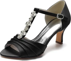 Women Rhinestones T-Strap Bridal Shoes Satin Mid Heel Wedding Dress Shoes Peep Toe Evening Prom Party Heeled Sandals