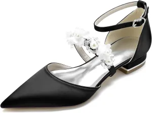Women's Ankle Strap Wedding Shoes for Bride Pointed Toe Satin Wedding Flats Pearl Flower Formal Prom Party Dress Shoes