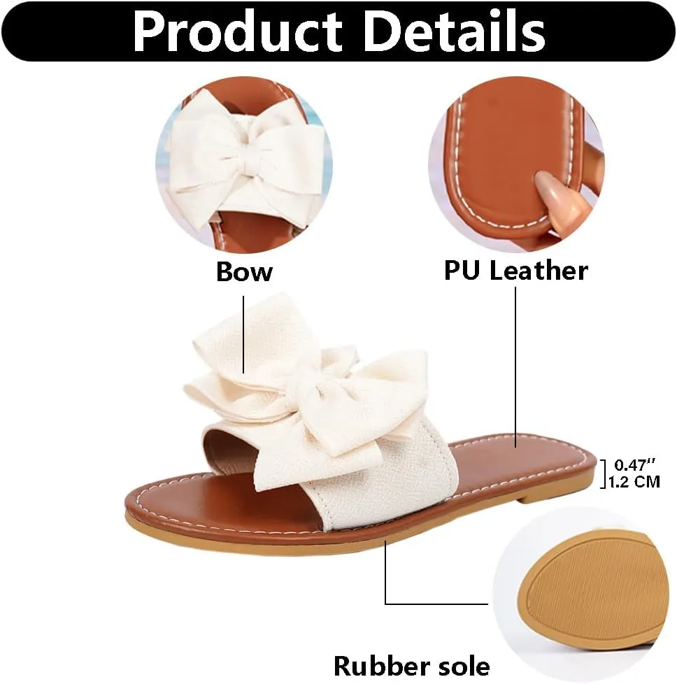 Women's Bow Knot Flat Sandals Open Toe Slides Summer Shoes Cute Slipper Single Band Dressy Flats