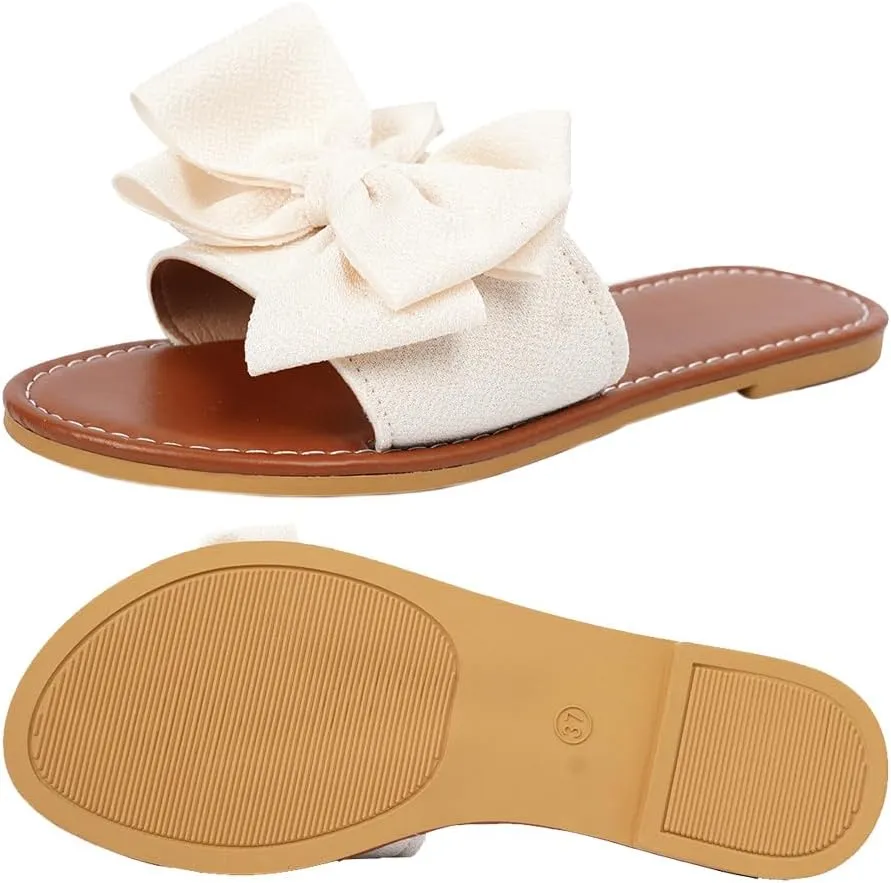 Women's Bow Knot Flat Sandals Open Toe Slides Summer Shoes Cute Slipper Single Band Dressy Flats