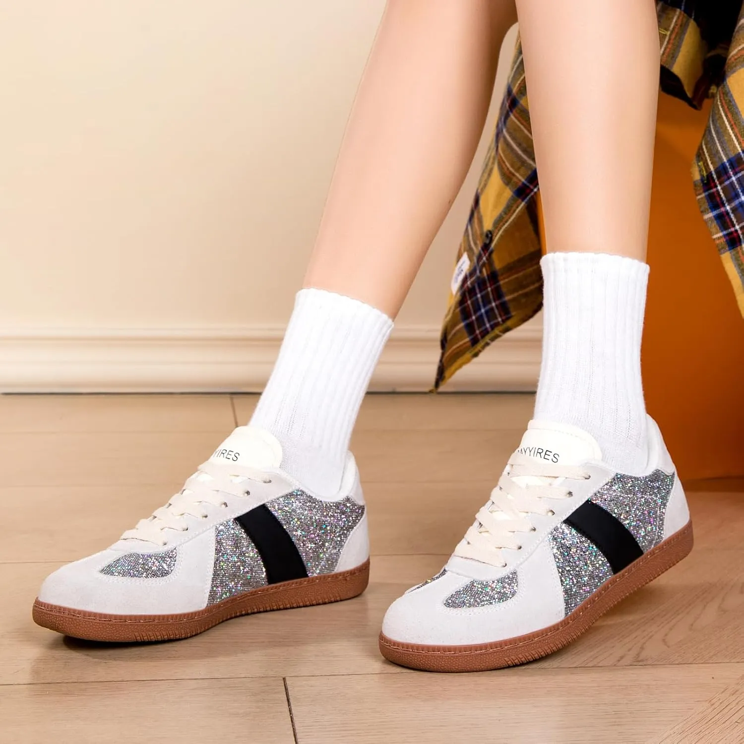 Women’s Glitter Sparkly Fashion Sneakers – Classic Retro Lace-Up Trainers with Non-Slip Gum Sole and Cushioned Insole for Casual Walking Street Style