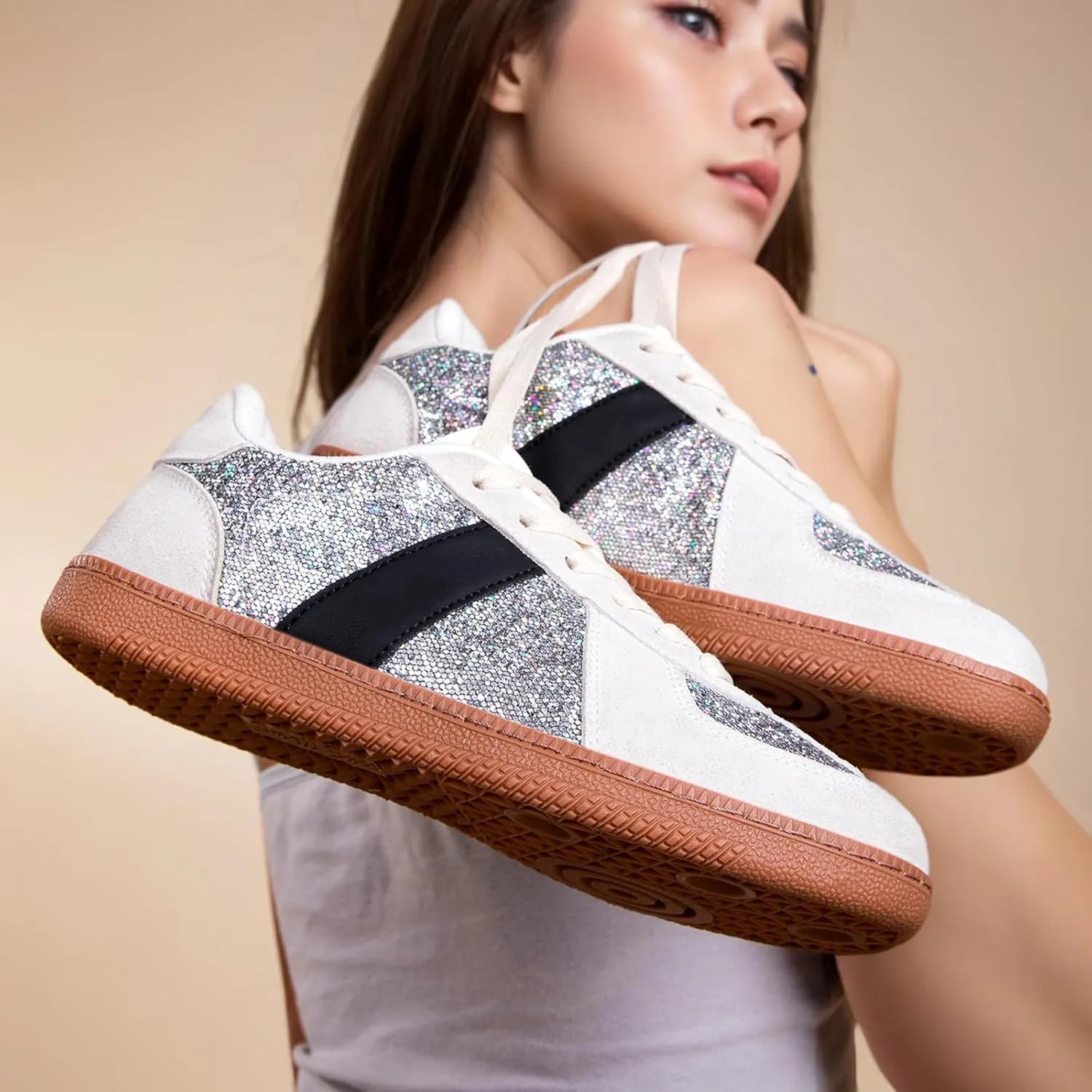 Women’s Glitter Sparkly Fashion Sneakers – Classic Retro Lace-Up Trainers with Non-Slip Gum Sole and Cushioned Insole for Casual Walking Street Style