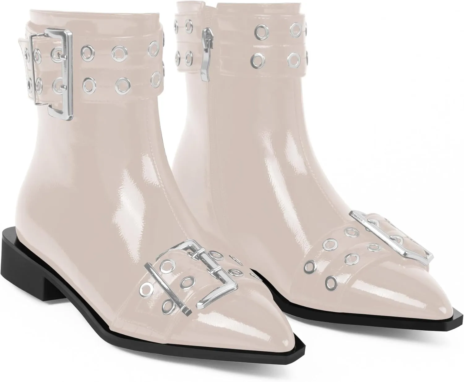 Women's Goth Pointed Toe Ankle Boots Flat Buckle Strap Booties