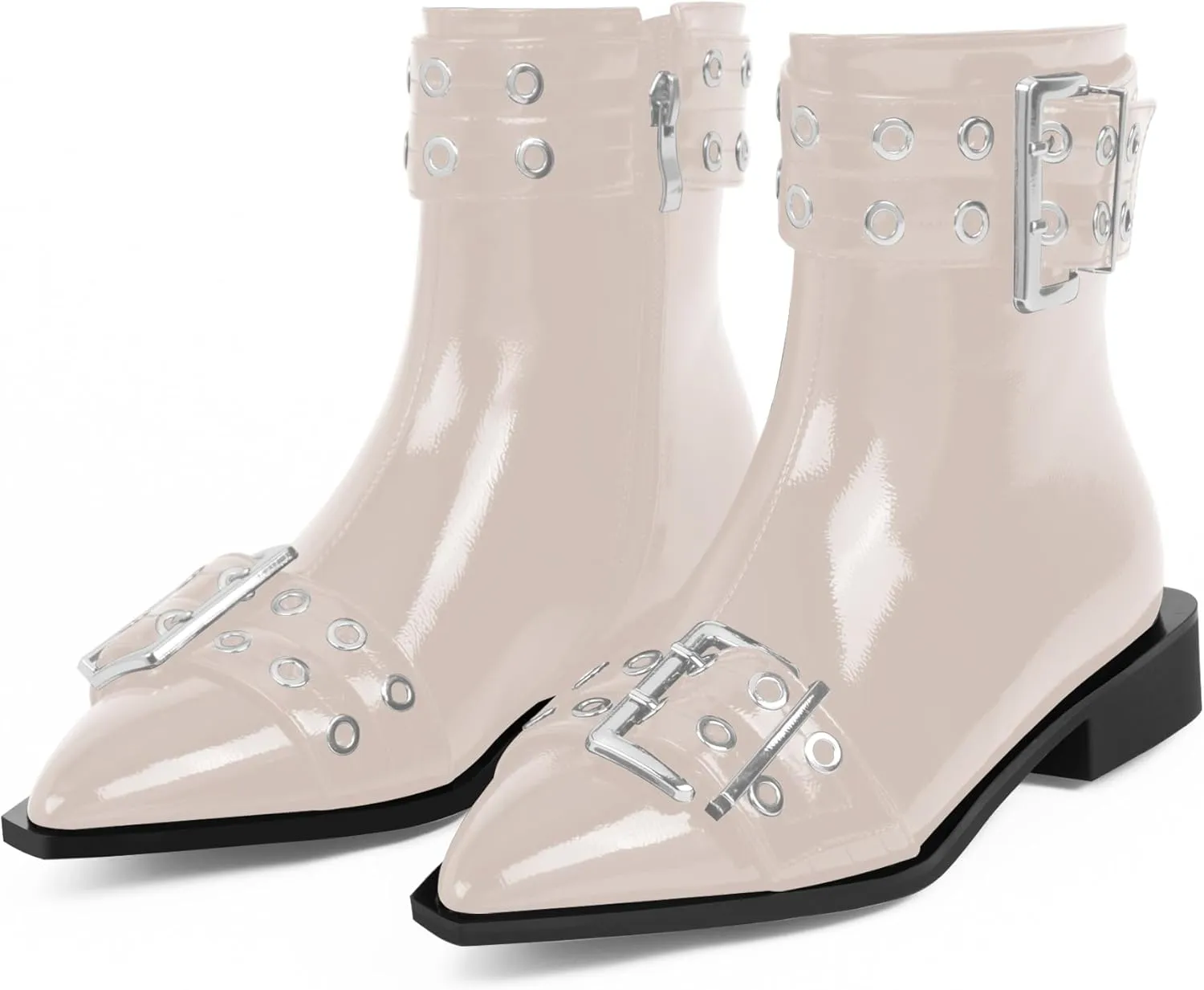 Women's Goth Pointed Toe Ankle Boots Flat Buckle Strap Booties