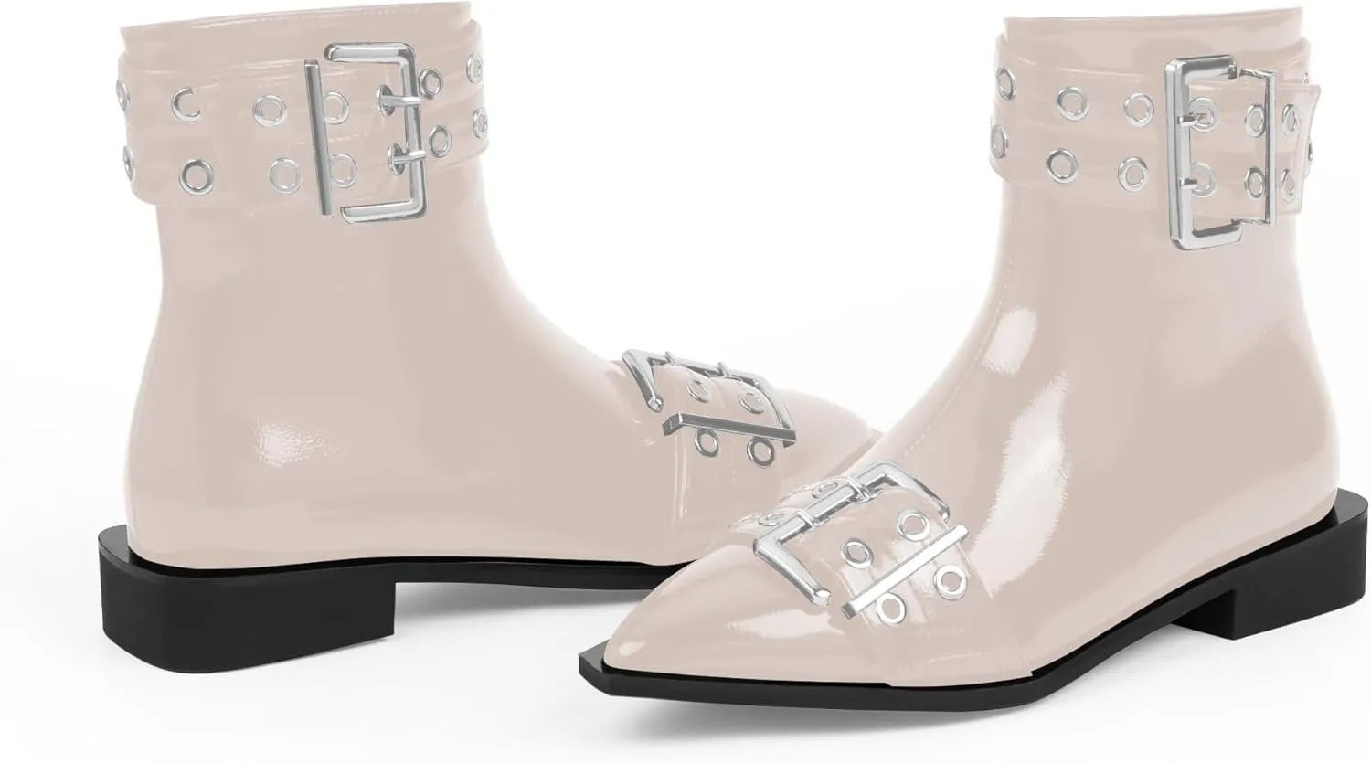 Women's Goth Pointed Toe Ankle Boots Flat Buckle Strap Booties