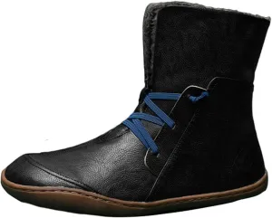 Womens High Top Snow Boots - Fall/winter Novelty Round Toe Cross Elastic Strap Slip-on Flat Mid Calf Boots Comfortable Casual Leather Shoes