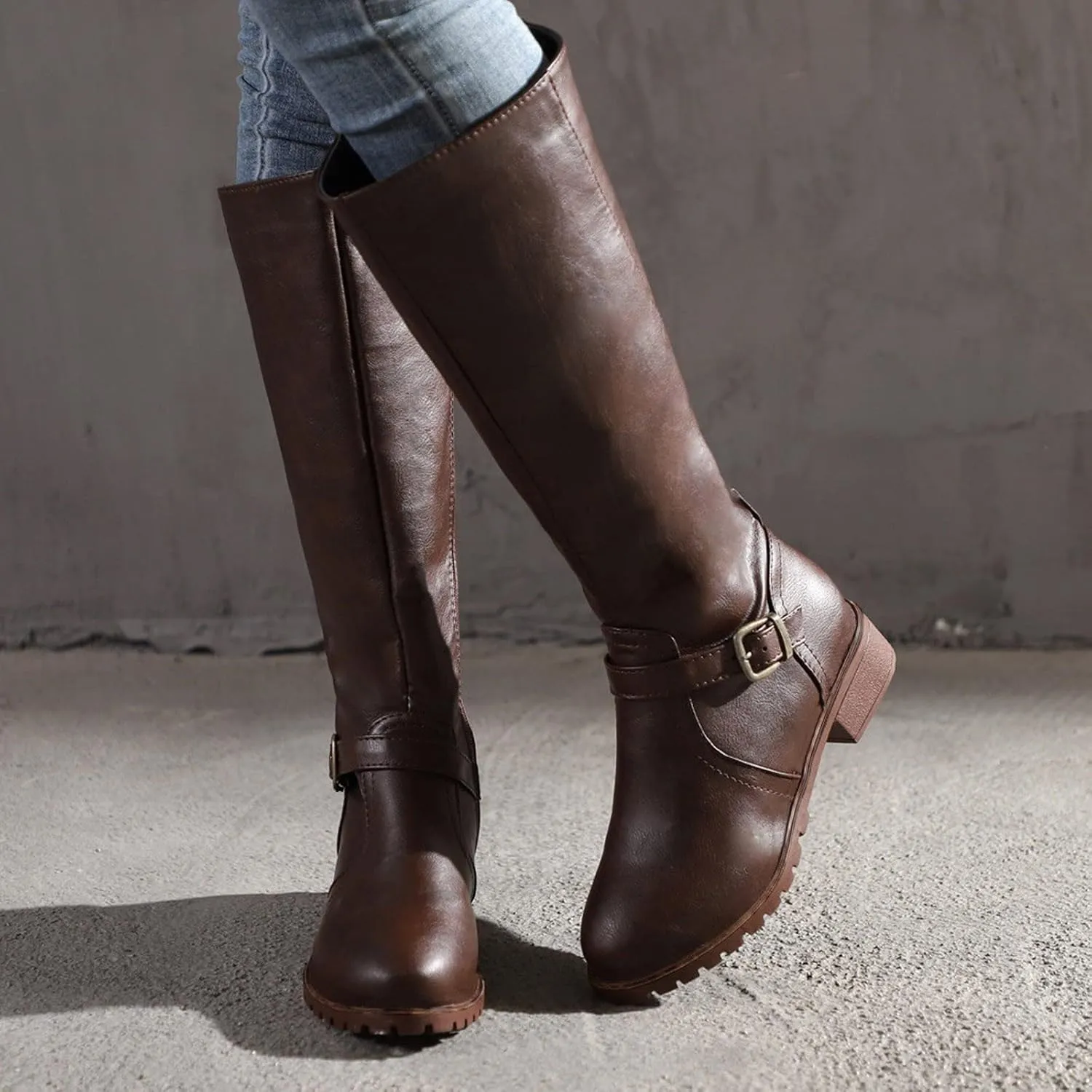 Womens Knee High Boots Wide Calf,Fashion Metal Buckle Riding Boots Soft Lug Sole Tall Boots Comfy Leather Goth Boots