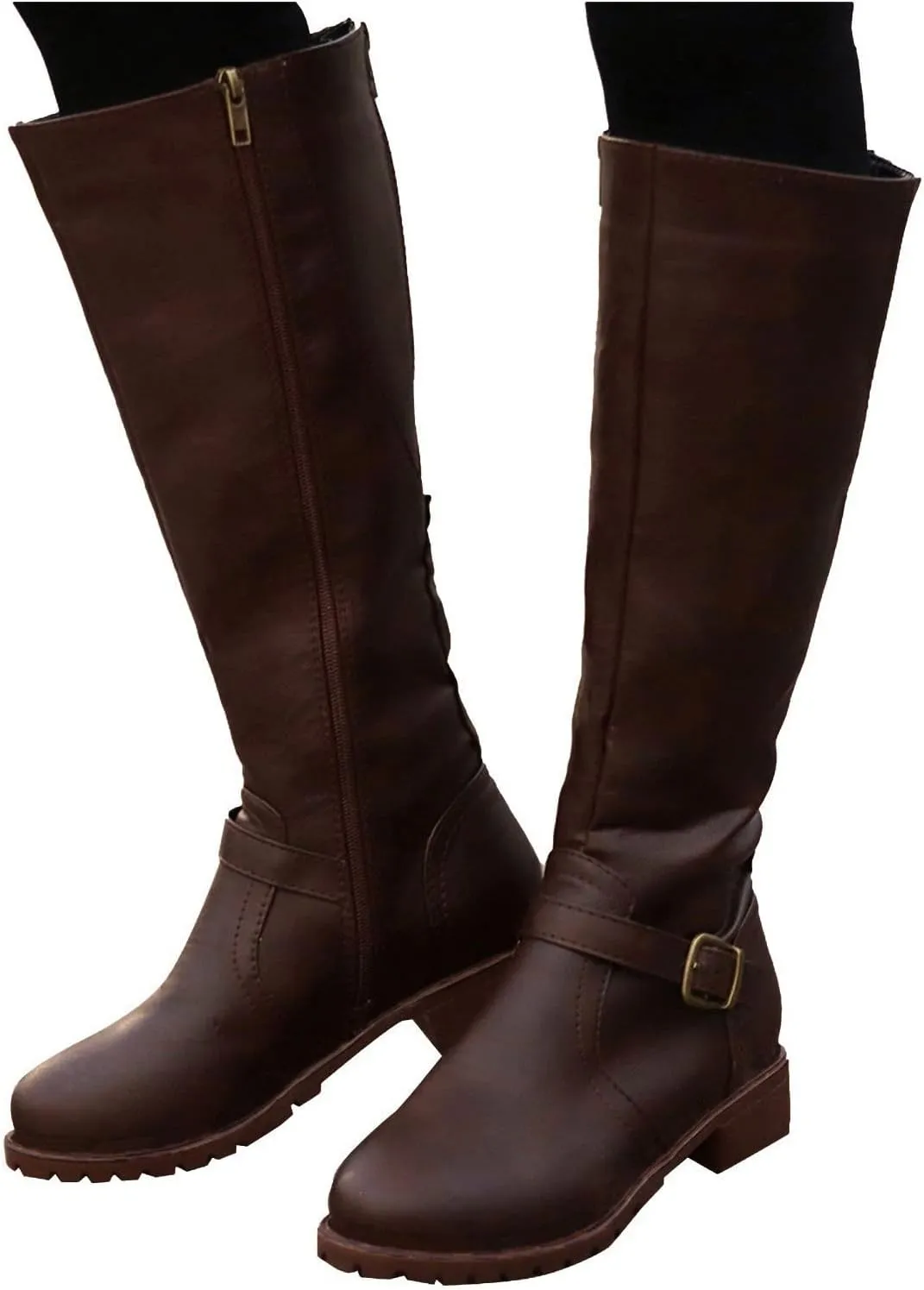 Womens Knee High Boots Wide Calf,Fashion Metal Buckle Riding Boots Soft Lug Sole Tall Boots Comfy Leather Goth Boots