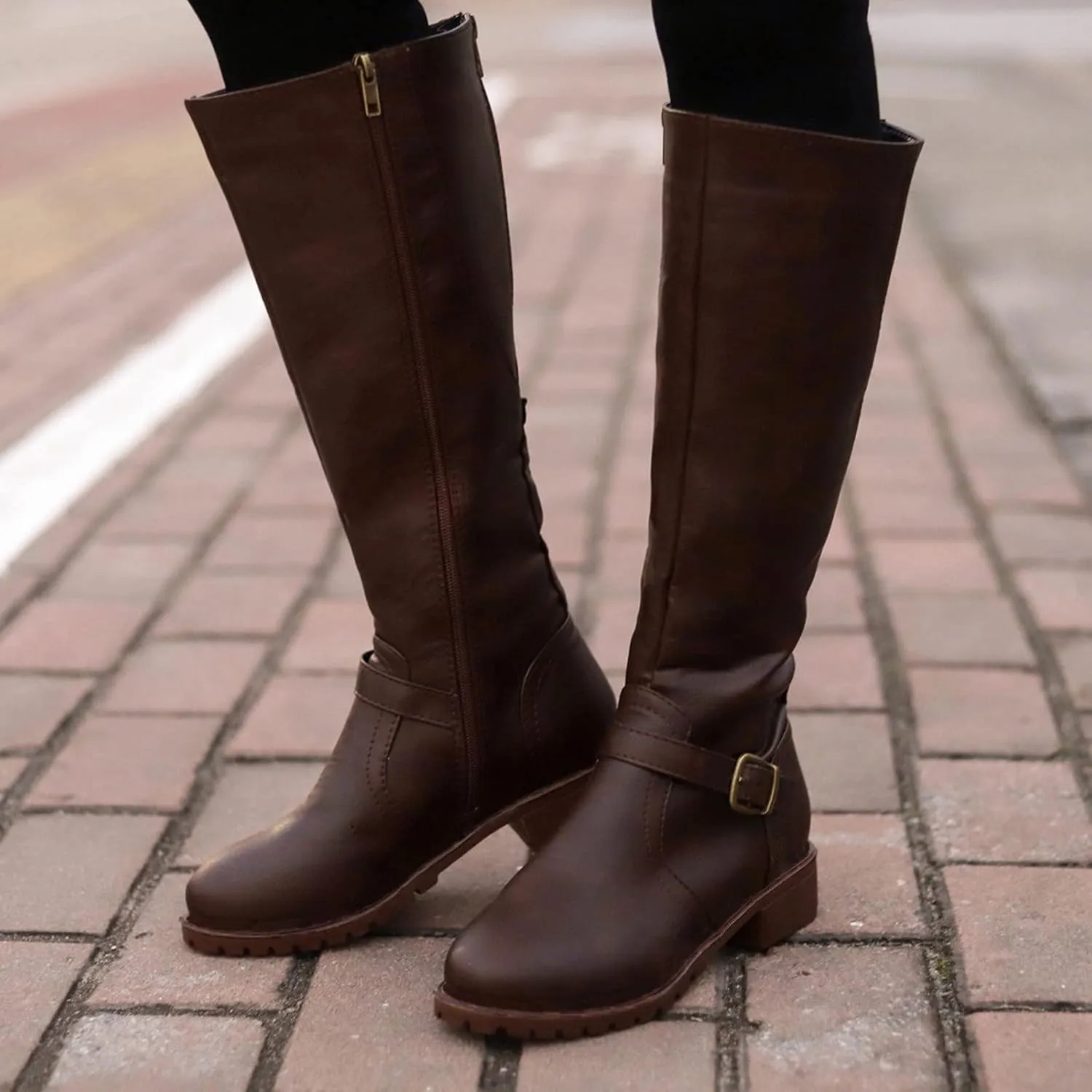 Womens Knee High Boots Wide Calf,Fashion Metal Buckle Riding Boots Soft Lug Sole Tall Boots Comfy Leather Goth Boots