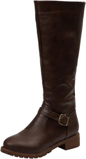 Womens Knee High Boots Wide Calf,Fashion Metal Buckle Riding Boots Soft Lug Sole Tall Boots Comfy Leather Goth Boots