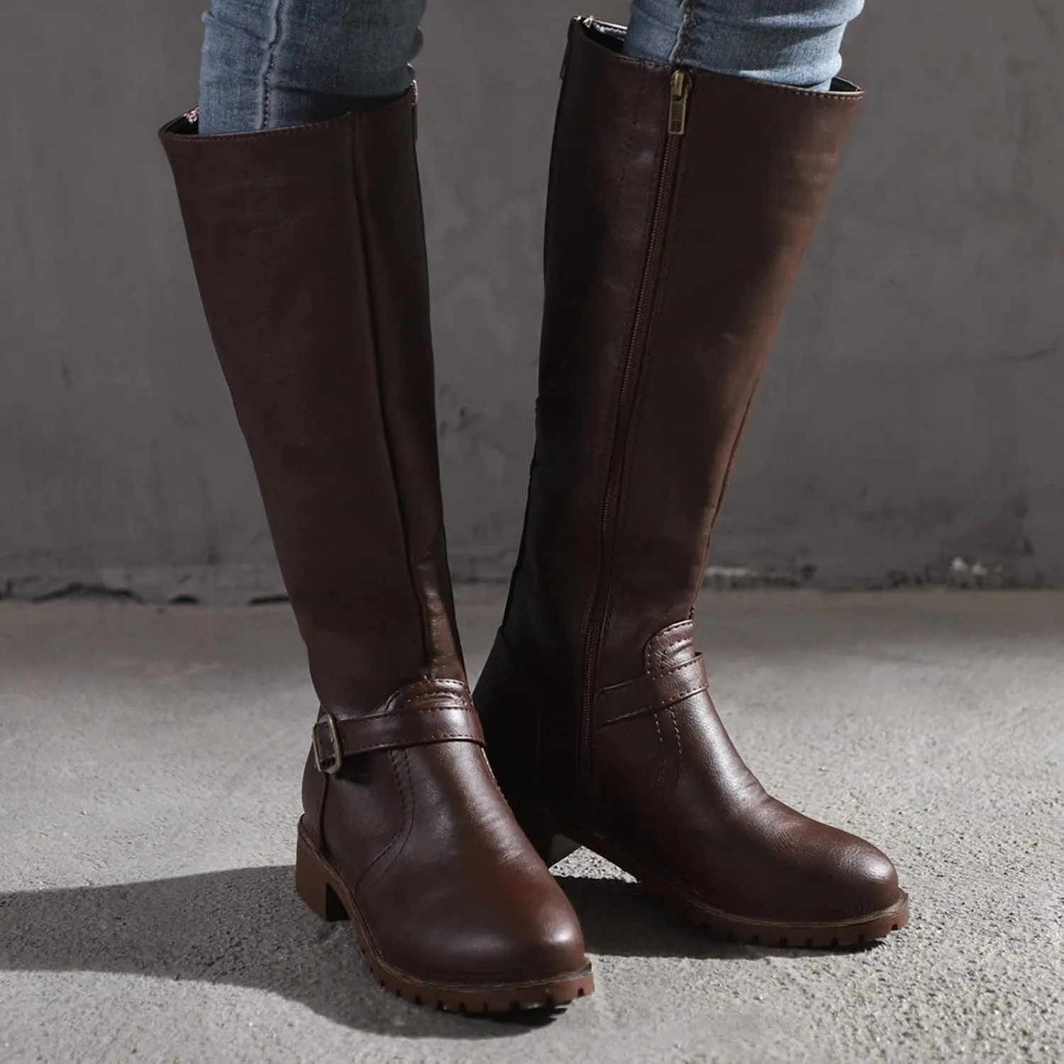 Womens Knee High Boots Wide Calf,Fashion Metal Buckle Riding Boots Soft Lug Sole Tall Boots Comfy Leather Goth Boots