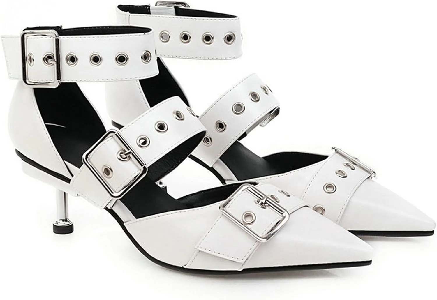 Women's Leather Metal Strap Closed Pointed Toe Kitten Heel Pumps Adjustable Ankle Buckle Low Stiletto Sandals Fashion Comfortable Party Evening Dress Sandals