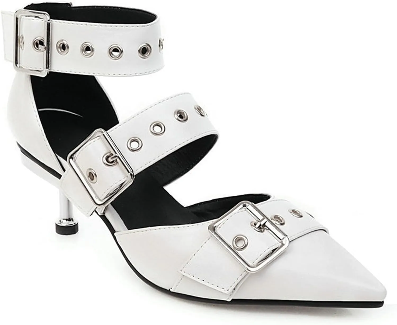 Women's Leather Metal Strap Closed Pointed Toe Kitten Heel Pumps Adjustable Ankle Buckle Low Stiletto Sandals Fashion Comfortable Party Evening Dress Sandals