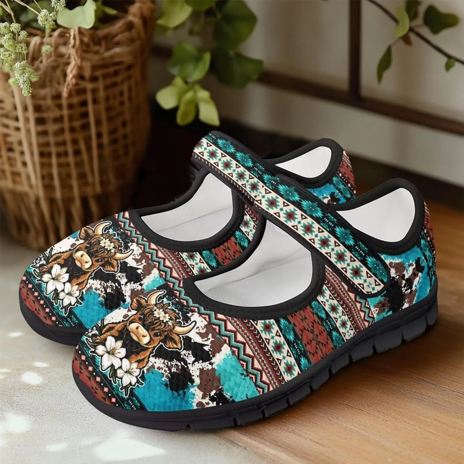 Womens Mary Jane Shoes Aztec Tribal Sneaker Anti-Slip Lightweight Shoes with Magic Sticker for Travel