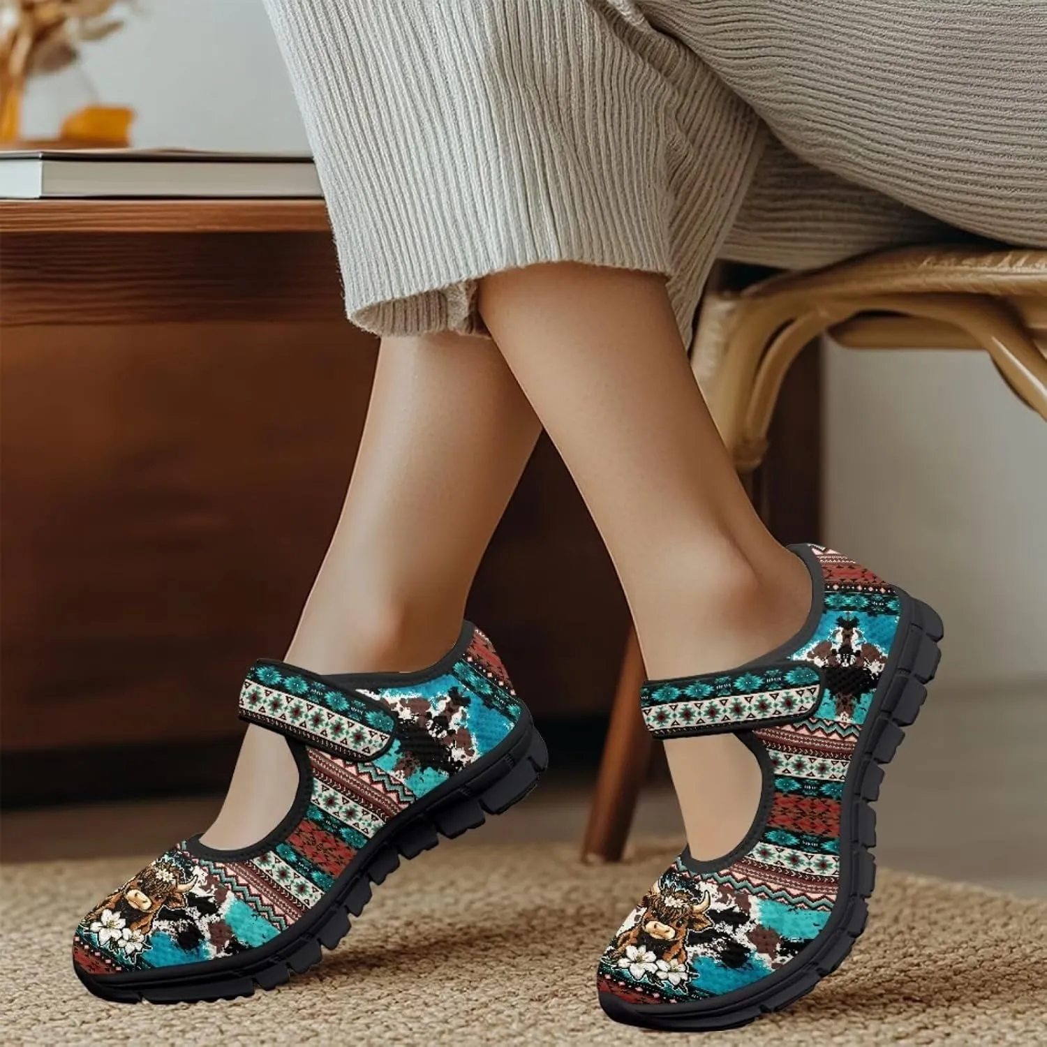 Womens Mary Jane Shoes Aztec Tribal Sneaker Anti-Slip Lightweight Shoes with Magic Sticker for Travel
