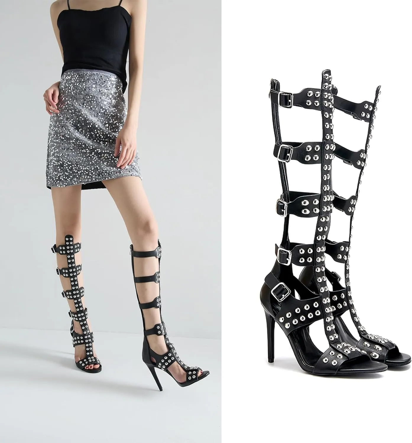 Women's Open Toe Hollow Knee High Boot 4.3IN Stiletto Heels, Metal Bead & Big Bukles Nightclub Party Wedding Shoes