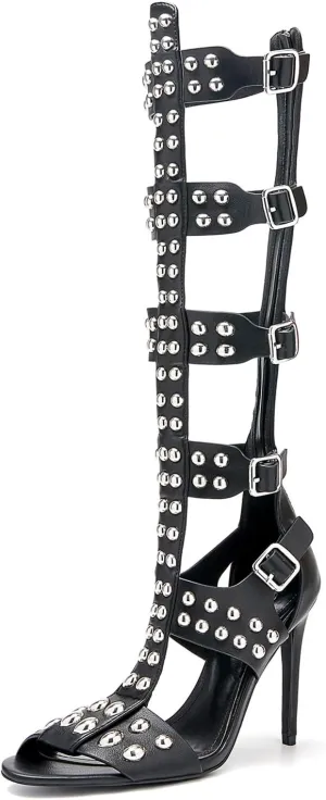 Women's Open Toe Hollow Knee High Boot 4.3IN Stiletto Heels, Metal Bead & Big Bukles Nightclub Party Wedding Shoes