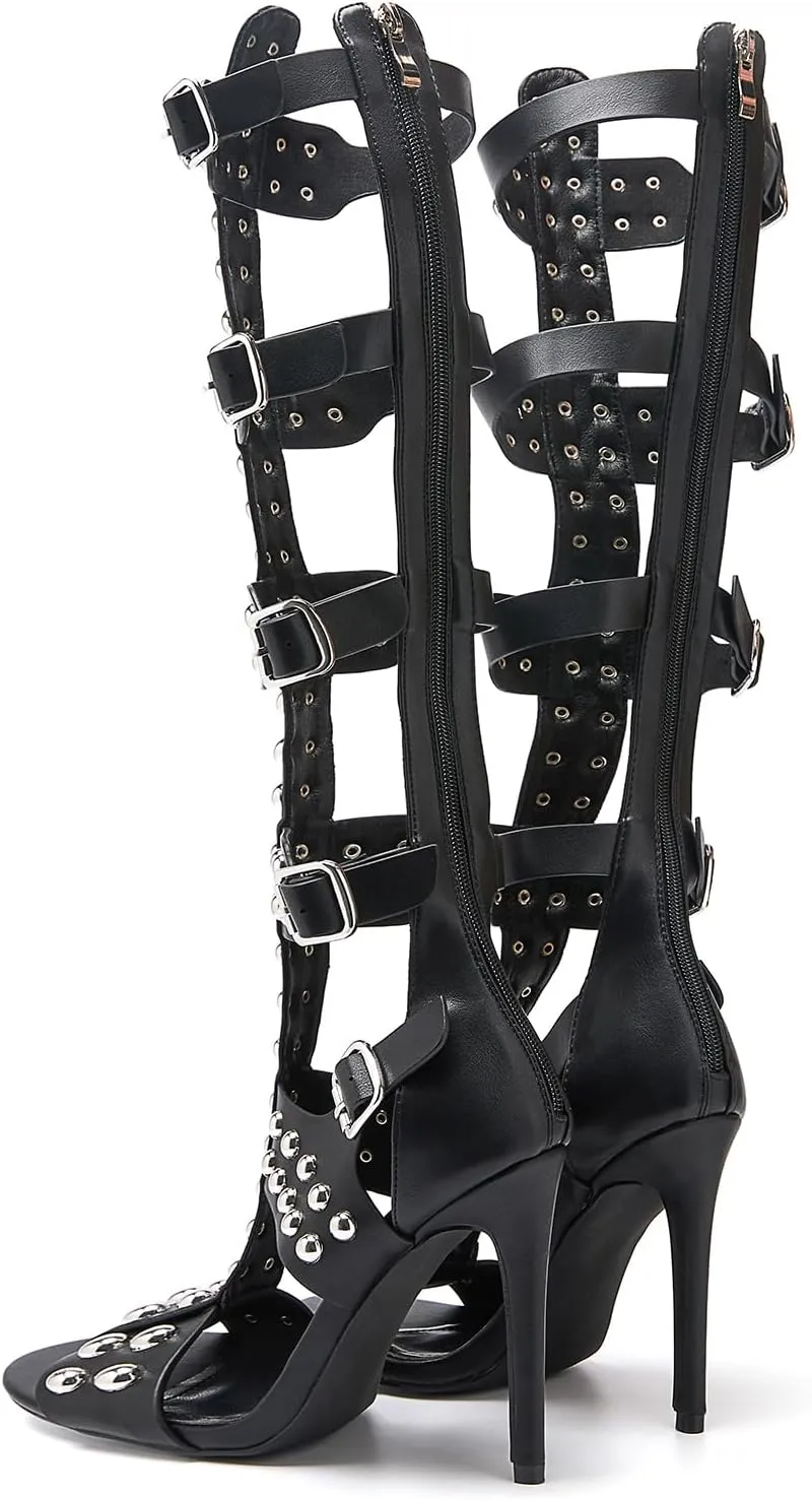Women's Open Toe Hollow Knee High Boot 4.3IN Stiletto Heels, Metal Bead & Big Bukles Nightclub Party Wedding Shoes