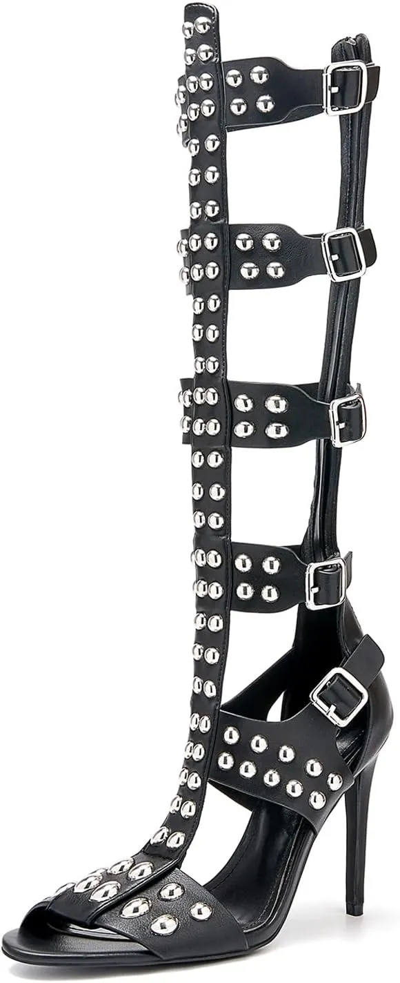 Women's Open Toe Hollow Knee High Boot 4.3IN Stiletto Heels, Metal Bead & Big Bukles Nightclub Party Wedding Shoes