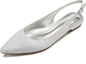 Women's Pointed Lace Slingback Low Heel Bridal Pumps Closed Toe Flats Evening Prom Party Dress Shoes