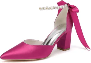 Women's Pointed Toe Block Heels High Hells Ankle Strap Pearls Chunky Satin Bridal Shoes Evening Dress Pumps