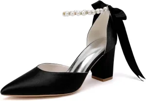 Women's Pointed Toe Block Heels High Hells Ankle Strap Pearls Chunky Satin Bridal Shoes Evening Dress Pumps