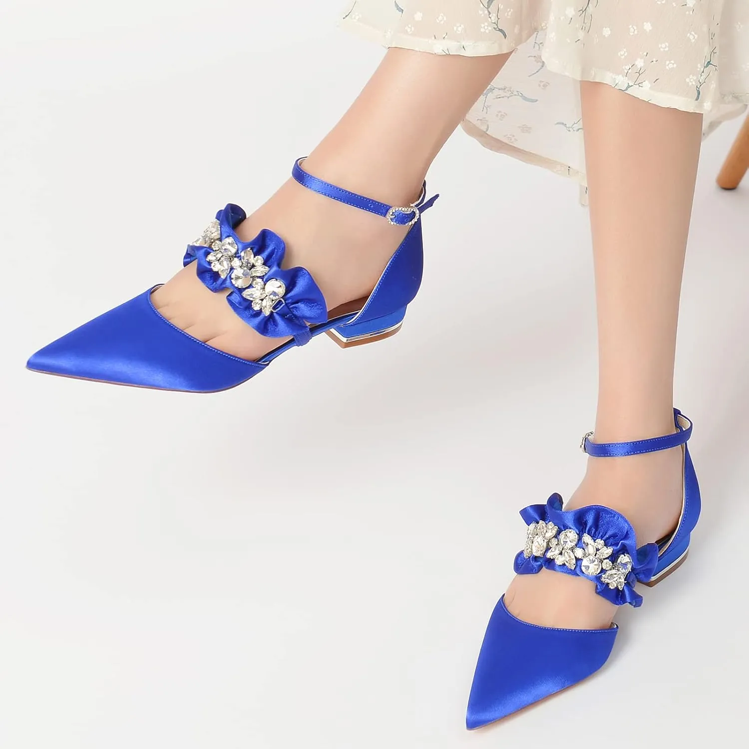 Women's Pointed Toe Wedding Flats Pumps for Bride Satin Rhinestones Ankle Strap Low Heels Evening Prom Dress Shoes
