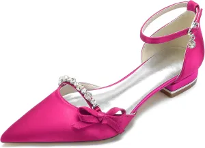 Women's Satin Crystal Wedding Flats Pump Shoes for Bride Pointed Toe Prom Evening Party Dress Flats