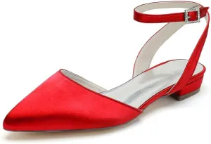 Women's Satin Wedding Flats for Bride Bridal Shoes Low Heel Closed Pointy Toe Pumps Ankle Strap Sandals