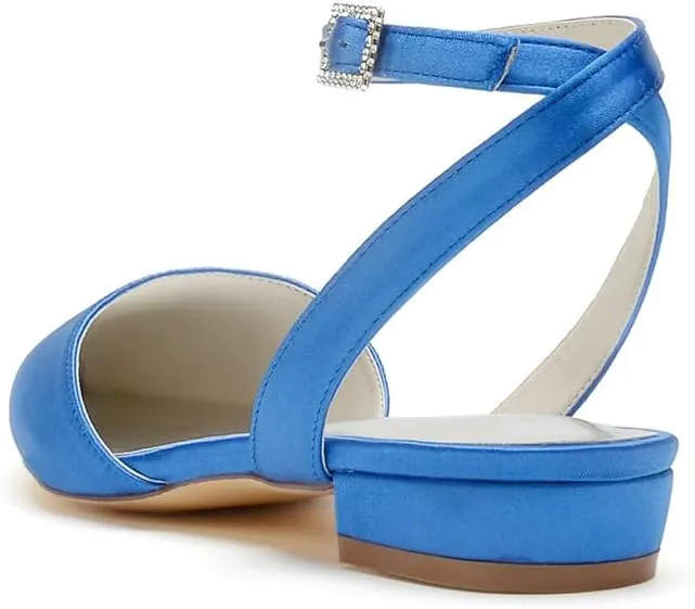 Women's Satin Wedding Flats for Bride Bridal Shoes Low Heel Closed Pointy Toe Pumps Ankle Strap Sandals