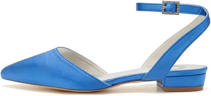 Women's Satin Wedding Flats for Bride Bridal Shoes Low Heel Closed Pointy Toe Pumps Ankle Strap Sandals