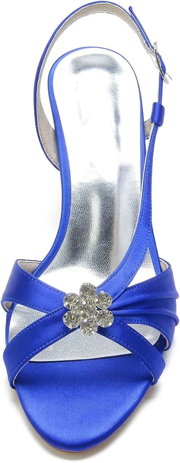 Women's Slingback Satin Wedding Pumps Peep Toe Heeled Sandals with Rhinestone Buckle Mid Heel Bride Evening Party Shoes