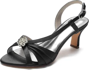 Women's Slingback Satin Wedding Pumps Peep Toe Heeled Sandals with Rhinestone Buckle Mid Heel Bride Evening Party Shoes