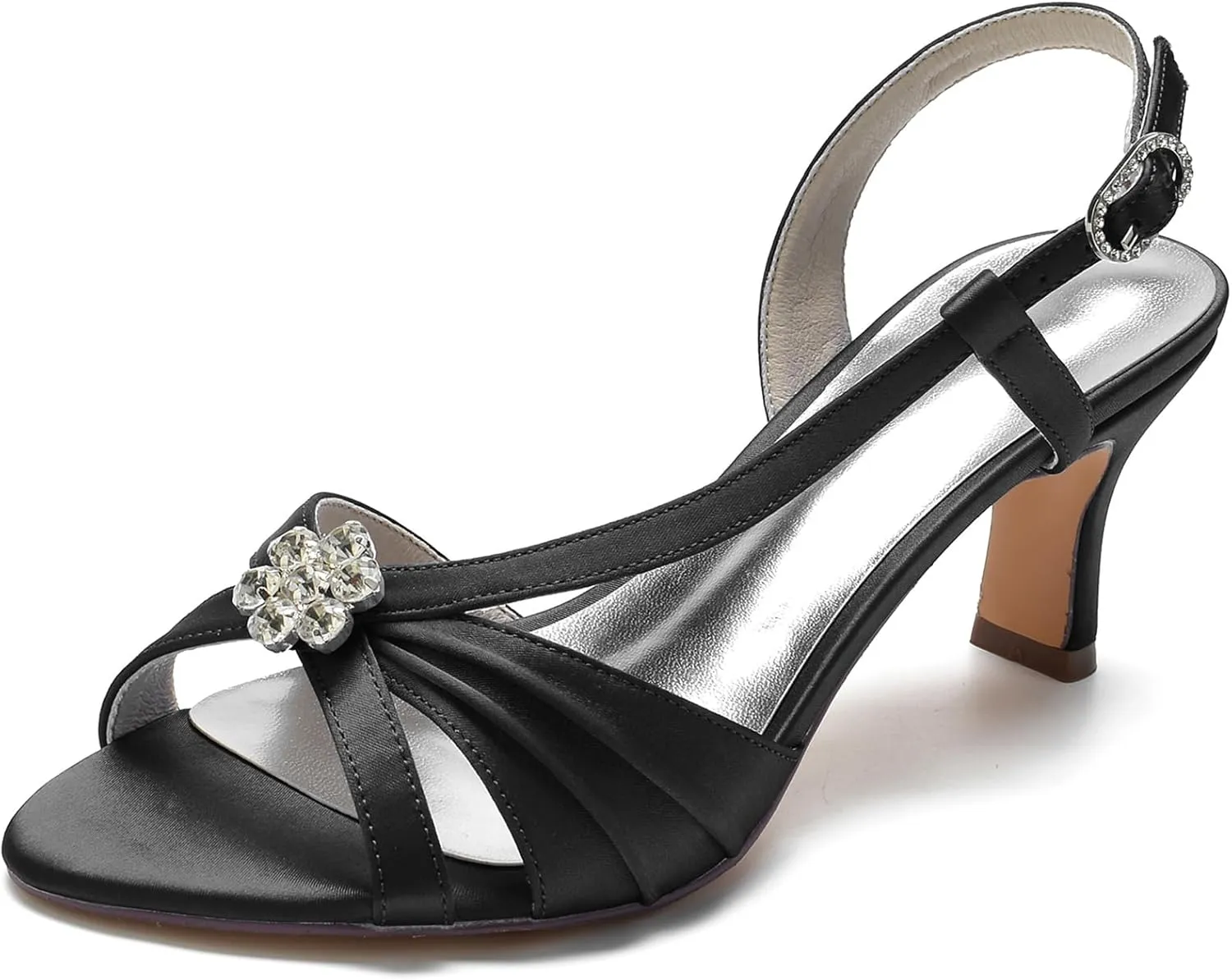 Women's Slingback Satin Wedding Pumps Peep Toe Heeled Sandals with Rhinestone Buckle Mid Heel Bride Evening Party Shoes