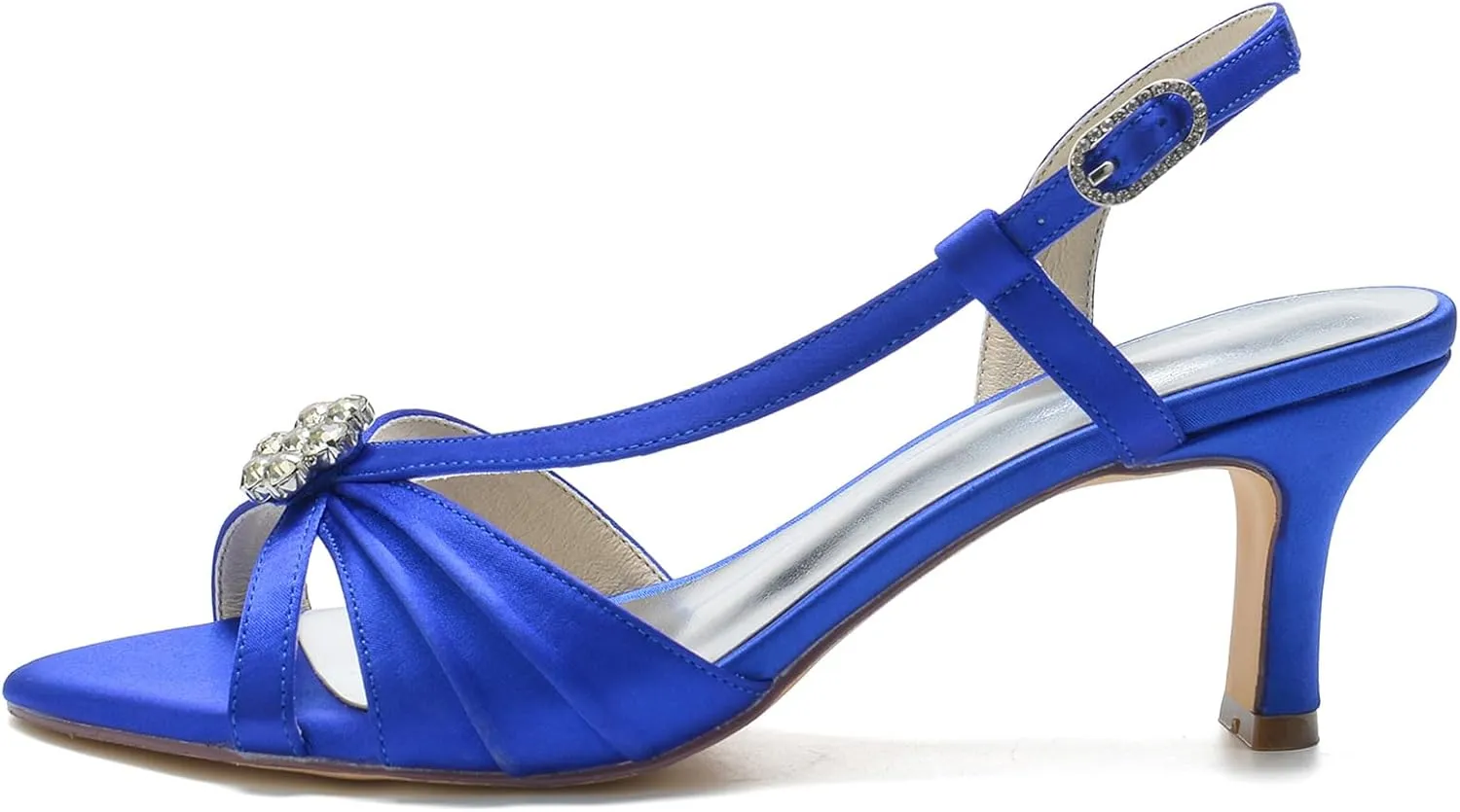 Women's Slingback Satin Wedding Pumps Peep Toe Heeled Sandals with Rhinestone Buckle Mid Heel Bride Evening Party Shoes