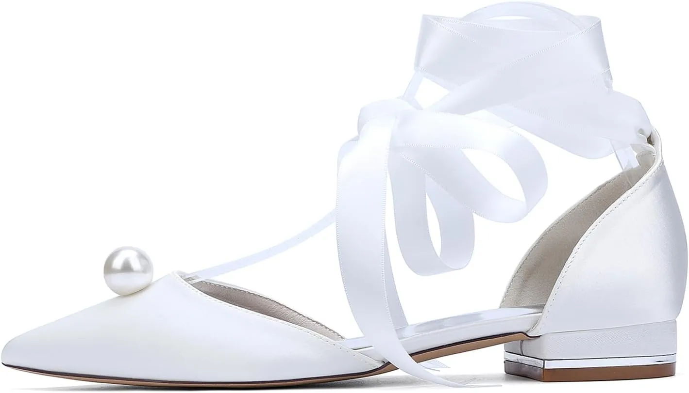 Womens Wedding Flats Pointed Toe Slip on Bridal Shoes Adjustable Ankle Strap Satin Party Dress Casual Sandals Shoes