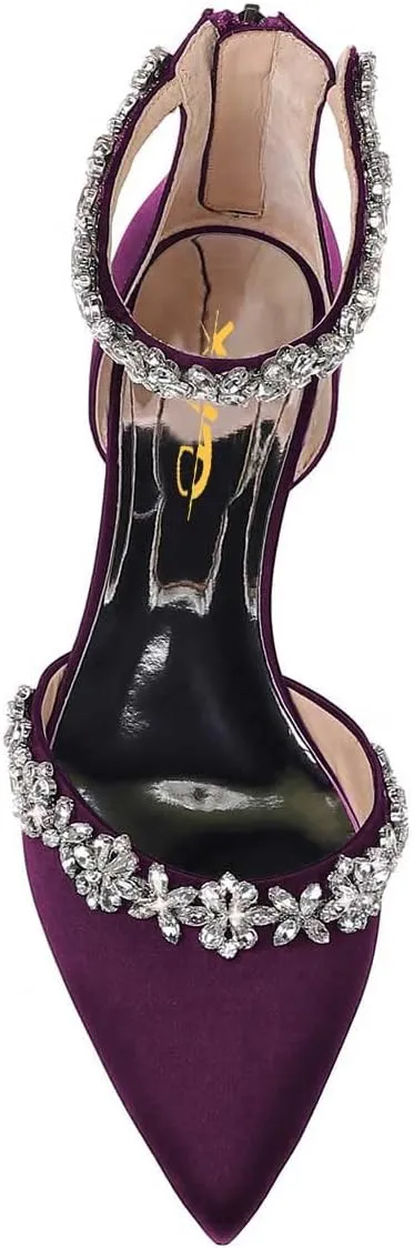 XYD Women Classic Pointed Toe D'Orsay Wedding Flat Sandals Sparkly Rhinestones Ankle Strap Low Heel Dress Shoes with Zipper