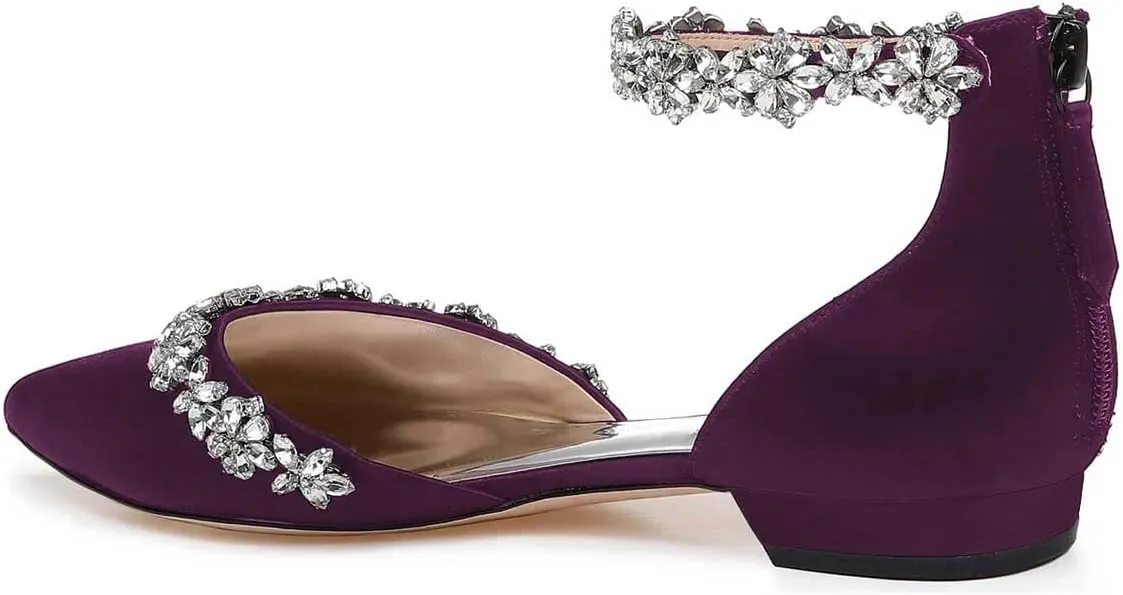 XYD Women Classic Pointed Toe D'Orsay Wedding Flat Sandals Sparkly Rhinestones Ankle Strap Low Heel Dress Shoes with Zipper