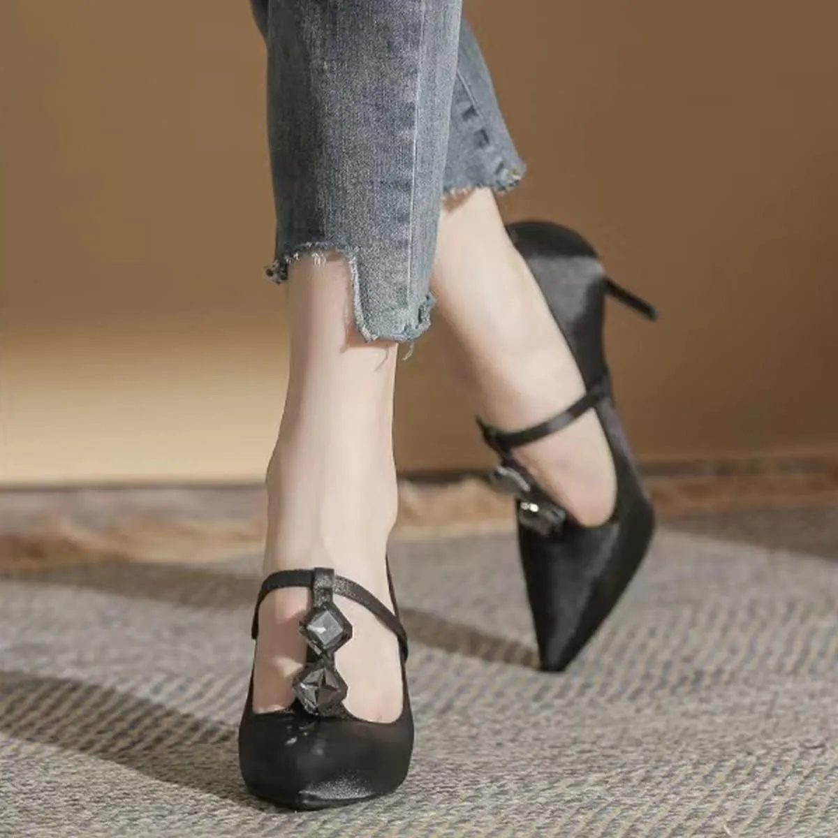 YDN Women Crystal Decoration Slip On Pumps Fashion Pointed Toe T-Strap Stiletto High Heels Dress Party Wedding Shoes Size 4-15 US