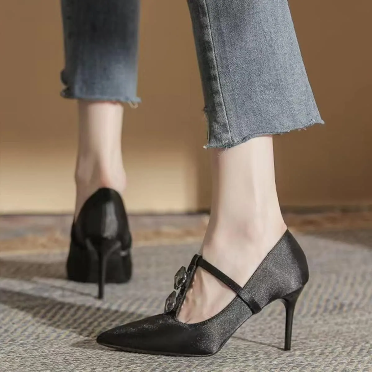 YDN Women Crystal Decoration Slip On Pumps Fashion Pointed Toe T-Strap Stiletto High Heels Dress Party Wedding Shoes Size 4-15 US