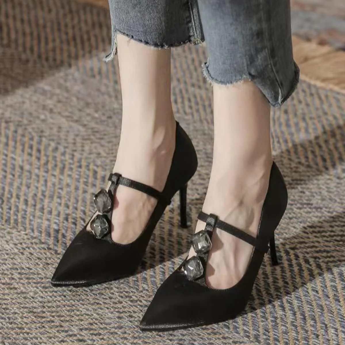 YDN Women Crystal Decoration Slip On Pumps Fashion Pointed Toe T-Strap Stiletto High Heels Dress Party Wedding Shoes Size 4-15 US